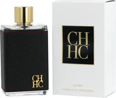 A bottle of Carolina Herrera CH Men Eau de Toilette and its packaging are displayed against a white background.
