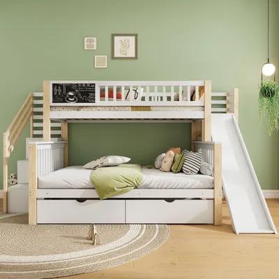 Produktbild von Flieks Etagenbett 90x200cm/140x200cm, Kinderbett mit Rutsche & Tafel, Hochbett mit Treppe & 2 Schubladen, Stockbett Holzbett 2 Kinder, Naturbelassen