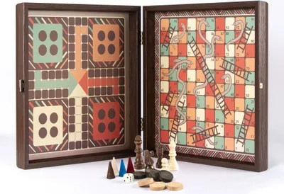 Image de Set de jeux 4 en 1 Manopoulos – aspect wengé – échecs, backgammon, ludo et serpents (34 x 34 cm)