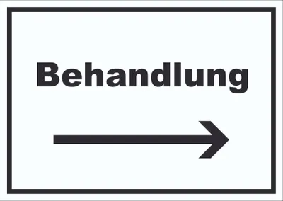 Produktbild von Behandlung Schild mit Text und Richtungspfeil rechts Behandlungsraum waagerecht A4 (210x297mm)