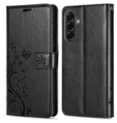 A black flip case for a Samsung Galaxy A56 phone is shown from two angles, open and closed.