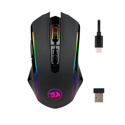 A black gaming mouse with RGB lighting and its accessories, a USB-C cable and a USB dongle, are displayed on a white background.