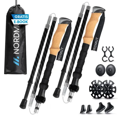 Produktbild von NORDMUT® Wanderstöcke faltbar – Ultraleichte Nordic Walking Stöcke Damen und Herren – Hochwertige Wanderstöcke Teleskop – Trekkingstöcke mit Gummipuffer-Set
