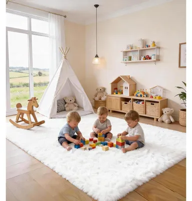 Obrázek produktu pro Bílá obdélníková koberec do obývacího pokoje, rozměry 160 x 230 cm, s vysokým vlasem
