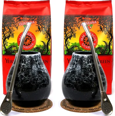 Produktbild von Yerba Mate Green Set für Zwei - Mate Green Mas Energia Guarana 2x200g Mate Tee - Mate Becher Marmol x2 - Bombilla Liza 19cm x2 - Vegan mate tee
