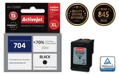 Obrázek produktu pro Activejet AH-704BR Inkoust (náhrada za HP 704 CN692AE; Premium; 20 ml; černý), Vysoká (XL) výtěžnost, Černá, Inkoust na pigmentové bázi, 20 ml, 1 kusů, 845 str.