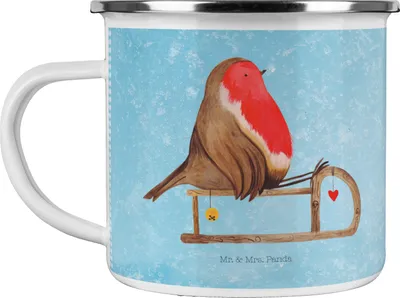 Produktbild von Mr. & Mrs. Panda Emaille Tasse Rotkehlchen Schlitten - Eisblau - Geschenk, Weihnachten, becher, Pott, Vogel, Teetasse, Haferl, Kaffeepott