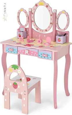 Produktbild von Kinder-Kaptafel mit doppeltem Spiegel, 3 Schubladen, 2 Aufbewahrungsbehältern, Mädchen-Make-up-Tisch mit Stuhl (Rosa)
