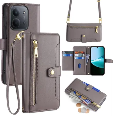 Produktbild von Handykette für Xiaomi Redmi 15C Hülle mit Band Handyhülle Kartenfächer Kunstleder Umhängetasche Grau