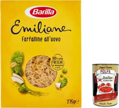 Produktbild von 5x Pasta all' Uovo Le Emiliane Farfalline, Eiernudeln, Pasta mit Ei 275g + Italian Gourmet polpa 400g