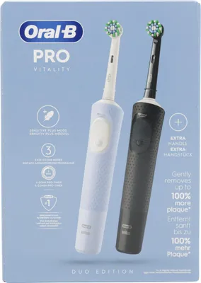 Produktbild von Oral-B Vitality Pro Duo, Erwachsener, Rotierende-vibrierende Zahnbürste, Tägliche Pflege, Sensibel, Super sensitive, Schwarz, Blau, Weiß, 7800 Bewegungen pro Minute, 4 x 30 sec