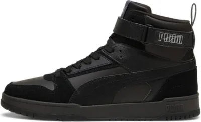 A black Puma high-top sneaker shown from the side against a white background.