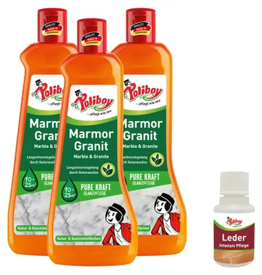 Produktbild von Poliboy Marmor Granit Pflege - 3x500ml - Pflege und Schutz für alle polierten, geschliffenen und matten Natur- und Kunststeinflächen - mit Leder Probe