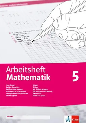 A close-up illustration of a hand writing in a math workbook, with the workbook cover visible below.