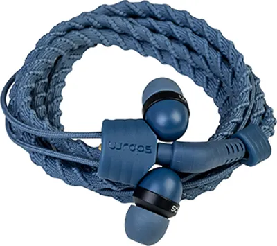 A pair of blue earbuds with a braided blue cable, coiled up.