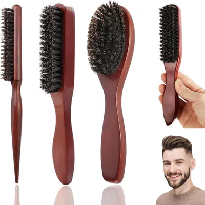Image de set de 3 brosses à cheveux en poils de sanglier avec manche en bois pour cheveux & barbes, usage universel