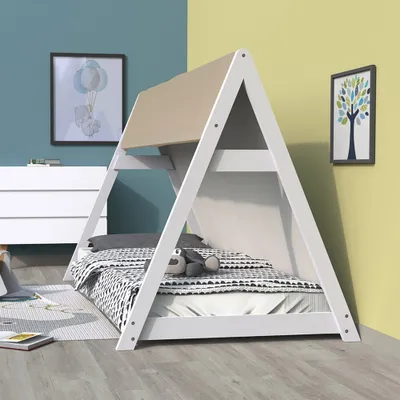 Produktbild von HAUSBETT TIPI / Kinderbett 90x190 mit Stoff und Lattenrost - Weiß