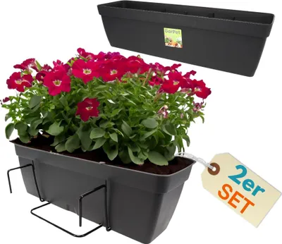 Produktbild von 2er Set Blumenkasten Balkongeländer Balkon Blumenkasten Balkonkasten mit Halterung Balkonkasten Geländerkästen Balkonkasten mit Wasserspeicher 50 cm