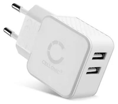 Produktbild von CELLONIC, USB Ladegerät – Doppel USB Netzadapter mit 2 Ports kompatibel mit Handy, Smartphone, Tablet, Powerbank & mehr – EU Stecker Schnellladegerät (17W, 3.4A)