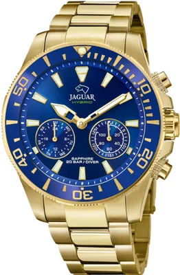 A close-up studio shot of a gold and blue chronograph watch.