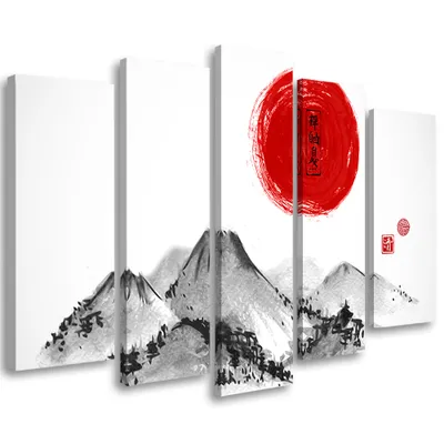 Produktbild von 5-teiliges leinwandbild japan berge landschaft 100x70 cm Feeby grau wandbild bereit zum aufhängen