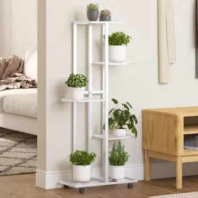 Zdjęcie produktu dla Półka na kwiaty, 5-poziomowa, na kółkach, biała, 100 cm