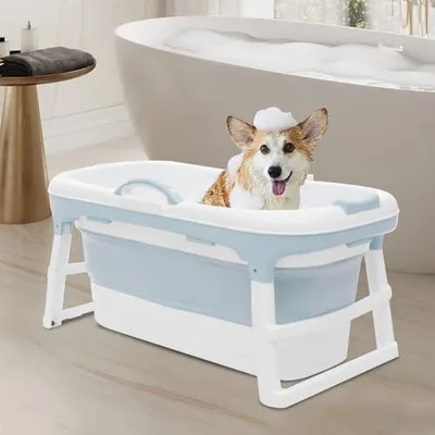 Produktbild von Multifunktionale, faltbare Haustierbadewanne mit Abflussloch, tragbare Badewanne für Hunde, Welpen und Katzen, 120 x 62 x 54cm