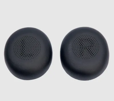 Two black ear pads for headphones are shown against a light gray background.