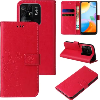 Produktbild von Handyhülle für Xiaomi Redmi 10C Floral Blumen Schmetterling Flip Cover Hülle Case Klapphülle Handytasche Farbe: Rot
