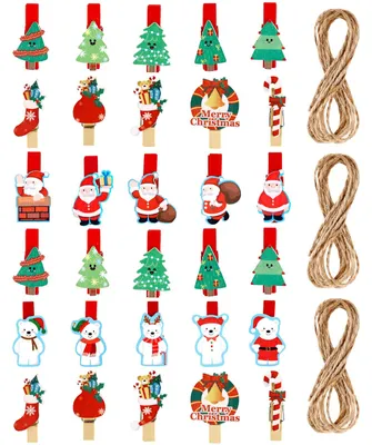 30 Holz-Weihnachtsklammern mit Juteschnur, 3,8 cm, 20 Motive