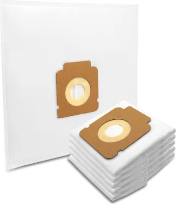 A stack of white vacuum cleaner bags with brown connectors and one bag shown separately.