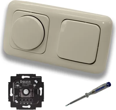 Produktbild von Busch Jäger 6523UR-103 LED Drehdimmer Dimmer + Dimmerscheibe 2115-212 und Lichttaster 2020 US in DURO2000 cremeweiß glänzend inklusive EBROM Phasenprüfer zur Montage der Geräte 6523 UR-103