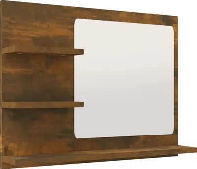 A wooden bathroom mirror with shelves.