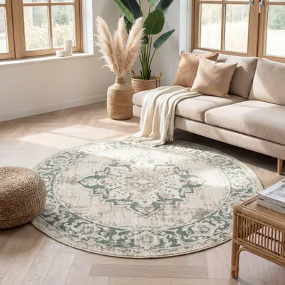 Produktbild von Volero - Teppich Vintage Rund - Spring Medaillon Creme Grün - Ø 160 cm - Wohnzimmer, Esszimmer, Schlafzimmer - Boho, Klassik, Ländlich, Orientalisch