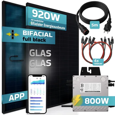 Produktbild von SUNNIVA® 920W Balkonkraftwerk BIFAZIAL FULLBLACK komplett SteckdoseBeny 800W Wechselrichter, PV Solaranlage, 5m Kabel