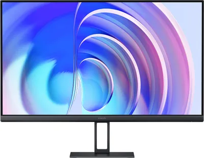 A black computer monitor on a stand, displaying a colorful abstract wallpaper.