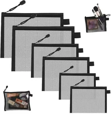 Obrázok produktu pre Sada 6 čiernych sieťovaných úložných vreciek so zipsom, vyrobených z PET materiálu, v 3 veľkostiach (22,5×17,5 / 19×14 / 13×10 cm) – organizéry na cestovanie, dokumenty a kozmetiku