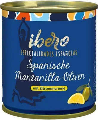 Produktbild von Ibero Grüne Manzanilla-Oliven gefüllt mit Zitronencreme 85 G Dose  Vegan Glutenfrei  Fruchtig herber Geschmack