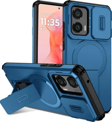 Produktbild von Magnetisch Hülle für Motorola Moto G Stylus 2024, Dual Layer Stoßfest Handyhülle mit Dia Kameraschutz, Verstellbarem Ständer Blau