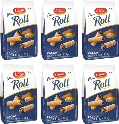 Produktbild von 6x Gastone Lago Mini Roll Cacao Waffelröllchen Waffelpad Wafer gefüllt mit Kakaocreme 125g