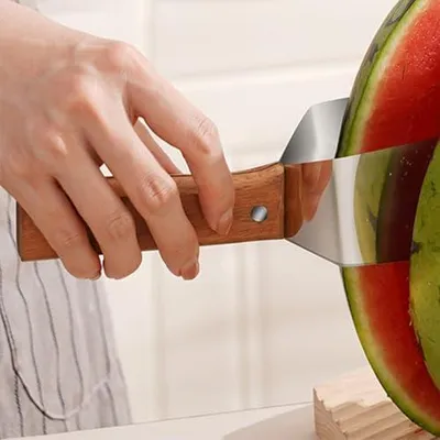 Produktbild von Wassermelonenschneider und Obstschneider aus Edelstahl zum Würfelschneiden, tragbares Obstschneidewerkzeug für Camping und die Küche
