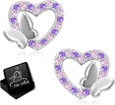 Produktbild von Ohrstecker Silber 925  für Damen Mädchen Kinder Herz Schmetterling rosa lila Ohrringe