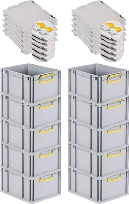 Produktbild von SuperSparSet 10x Eurobox NextGen Color mit Scharnierdeckel und Schiebeschnappverschlüssen | HxBxT 22x30x40cm | 20 Liter | Grau | Griffe gelb geschlossen | Glatter Boden | Eurobehälter, Transportbox, Transportbehälter, Stapelbehälter