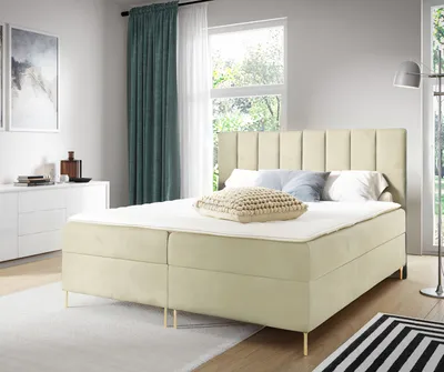 Produktbild von GUTTO Boxspringbett NADIA 160 x 200cm 2x Bettkasten TOPPER 5cm Gratis Beige Velour hohe goldene Beine