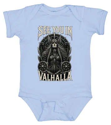 Obrázek produktu pro Body pro miminko, modrá barva, s motivem "Valhalla", "Valkýra", "Viking", "válečnice", "havran", "Odin", "nordické". Velikost 3/6 měsíců