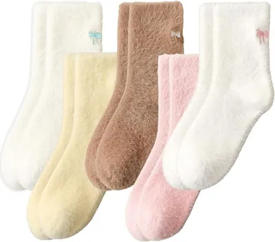 Produktbild von Kuschelsocken Damen 5 Paar,Huggy Socken, Kuschelsocken Weihnachten, Weiche Flauschige Socken Fš¹r Winter, Gemš¹tliche Haussocken Mit Schleifen, Perfekt Zum Schlafen Und Entspannen