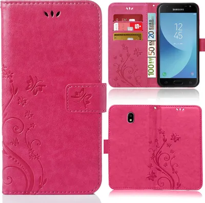 A collage of images showing a pink flip phone case with floral and butterfly designs, including a view of the case open with cards and currency inserted, and a view of the back of the case with a phone inserted.