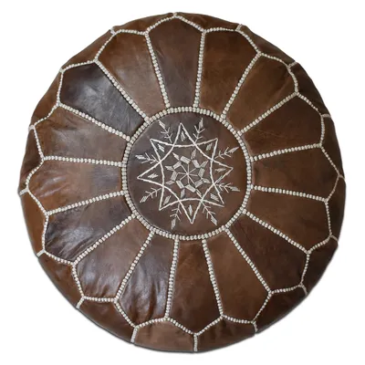 Image de Pouf marocain en cuir véritable - bois brun - fait main - livré rempli - Ottoman pouf repose-pieds