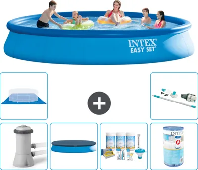Produktbild von Intex runder aufblasbarer Easy Set-Schwimmpool – 457 x 84 cm – Blau – inklusive Pumpe Abdeckung - Wartungspaket - Filter - Bodenplane - Staubsauger