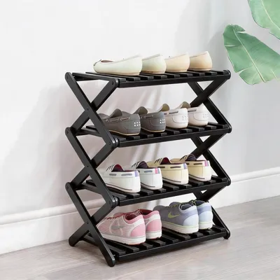 Immagine prodotto di Scaffale per scarpe in bambù, 4 ripiani, pieghevole, senza montaggio, 49x26x69 cm, colore nero